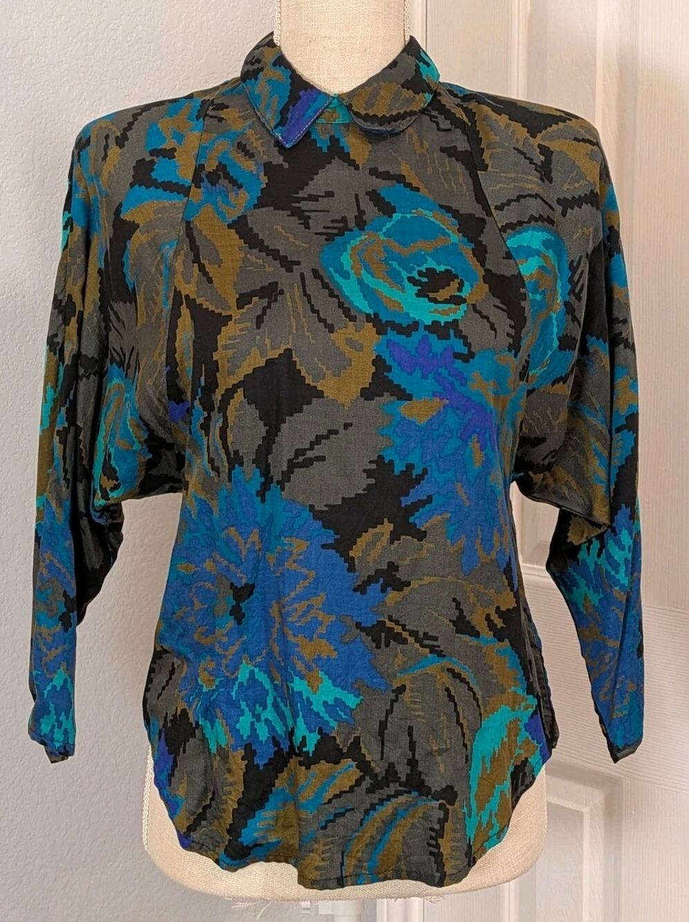 Vintage Herve Leger 80s Blouse Rayon Button Back Dolman Sleeve Collared